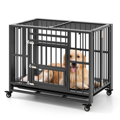 Foldable Metal Dog Crate Portable Heavy-Duty Dog Cage Kennel with Removable Tray and Lockable Wheels