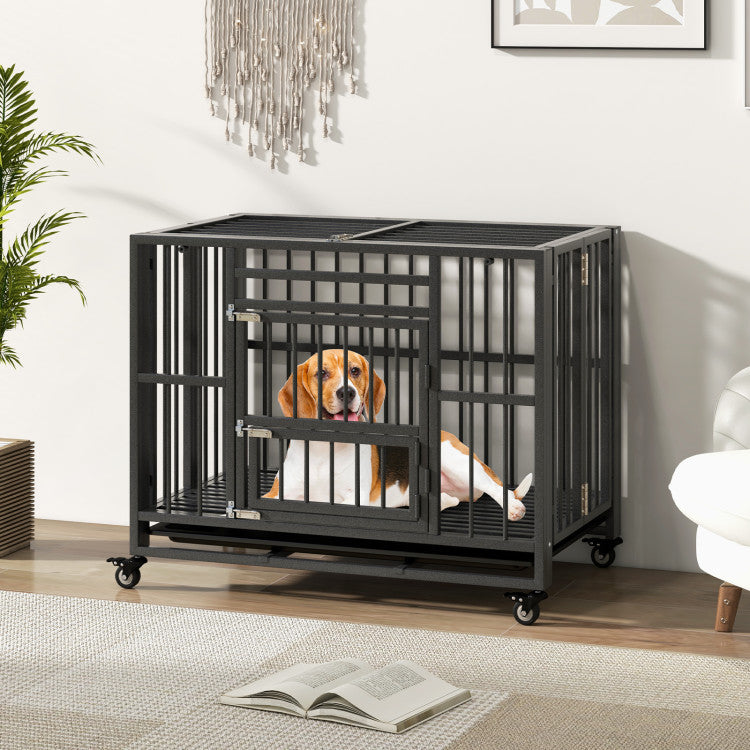 Foldable Metal Dog Crate Portable Heavy-Duty Dog Cage Kennel with Removable Tray and Lockable Wheels