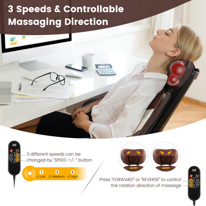 Foldable Back Massager Seat Cushion Rolling Shiatsu Massage Chair Pad with Adjustable Neck Pillow and Timer