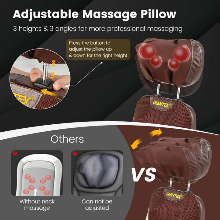 Foldable Back Massager Seat Cushion Rolling Shiatsu Massage Chair Pad with Adjustable Neck Pillow and Timer