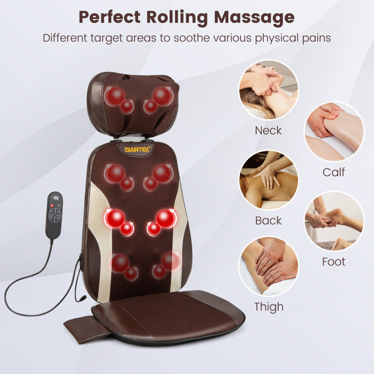 Foldable Back Massager Seat Cushion Rolling Shiatsu Massage Chair Pad with Adjustable Neck Pillow and Timer