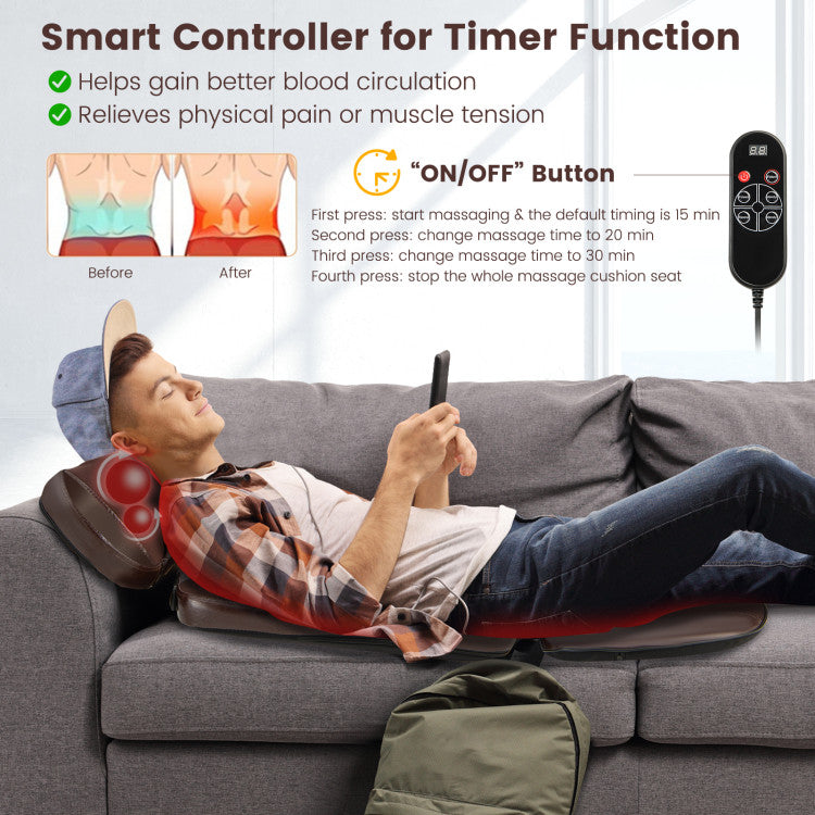 Foldable Back Massager Seat Cushion Rolling Shiatsu Massage Chair Pad with Adjustable Neck Pillow and Timer