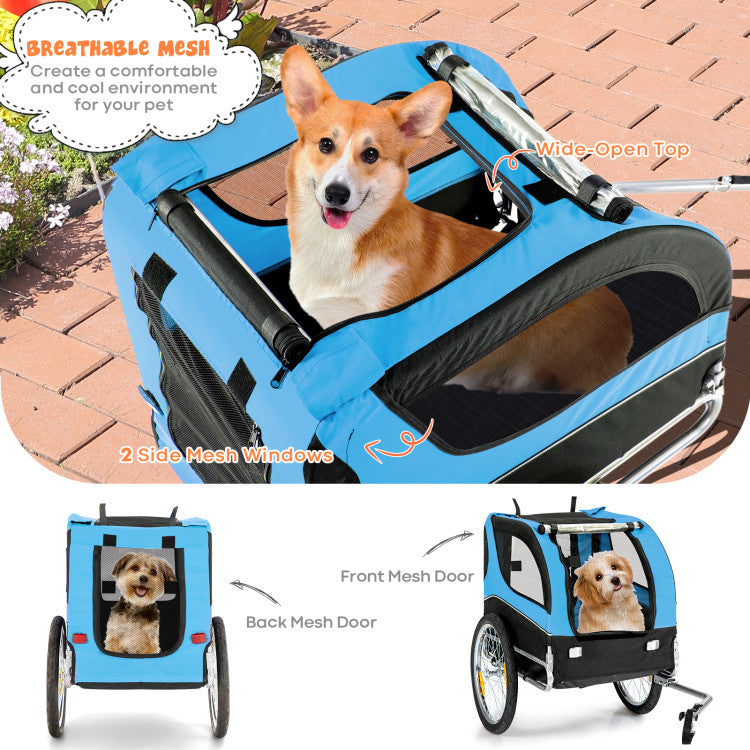 Foldable Dog Bike Trailer 2-in-1 Pet Cart with 3 Zipped Doors and 2 Mesh Windows