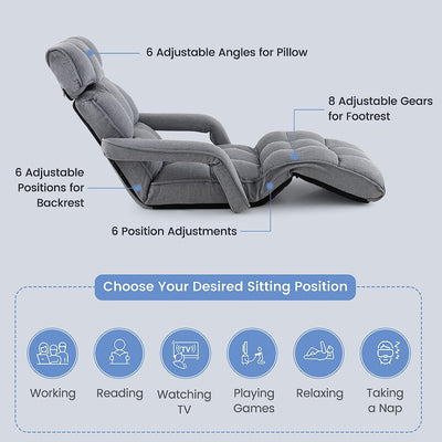 Foldable Lazy Sofa Single Bed 6-Position Adjustable Floor Chair Chaise Lounger Recliner with Adjustable Backrest and Footrest