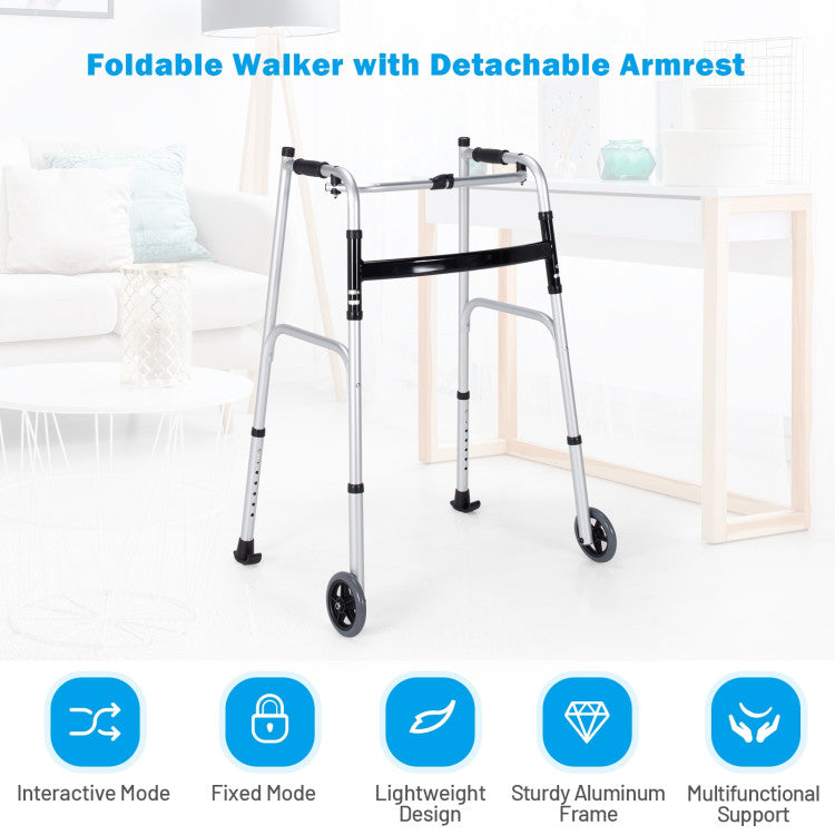 Foldable Standard Walker Height Adjustable Aluminum Alloy Rehabilitation Upright Walker with Removable Armrest for Walk Aid