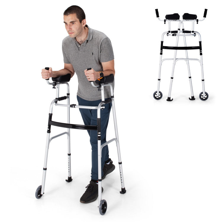 Foldable Standard Walker Height Adjustable Aluminum Alloy Rehabilitation Upright Walker with Removable Armrest for Walk Aid