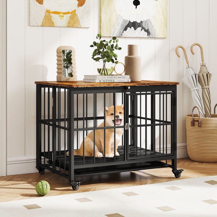 Foldable Dog Crate Furniture with Removable Tray and Lockable Door