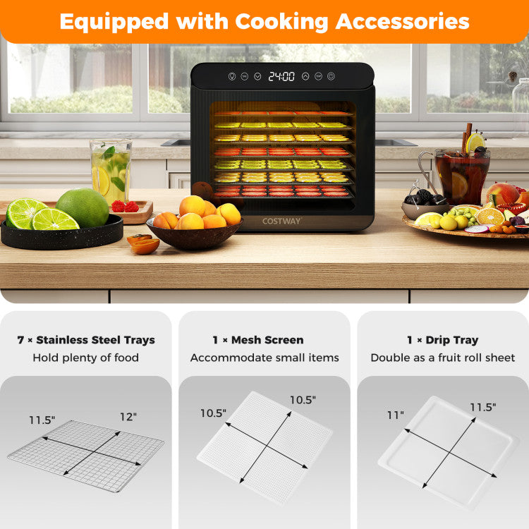 Food Dehydrator Dryer Machine with 7 Stainless Steel Trays, 1-24H Timer for Fruit Meat Herbs Jerky