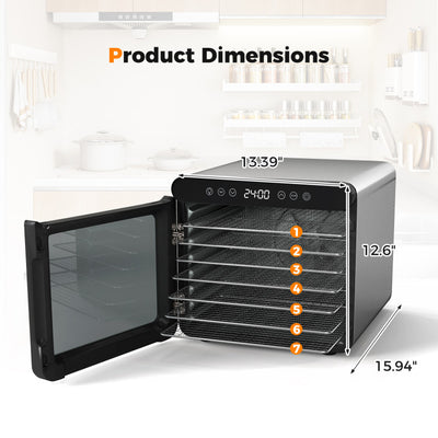 Food Dehydrator Dryer Machine with 7 Stainless Steel Trays, 1-24H Timer for Fruit Meat Herbs Jerky