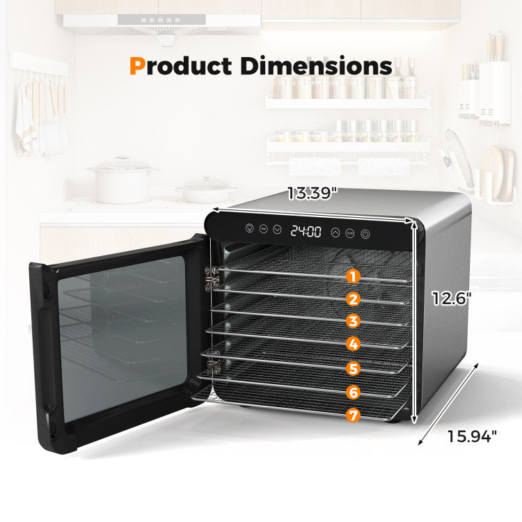 Food Dehydrator Dryer Machine with 7 Stainless Steel Trays, 1-24H Timer for Fruit Meat Herbs Jerky