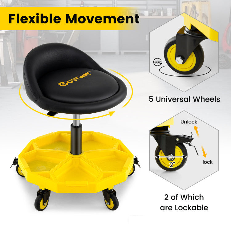 20 Inch-25 Inch Height Adjustable Rolling Garage Stool with Tool Tray Storage