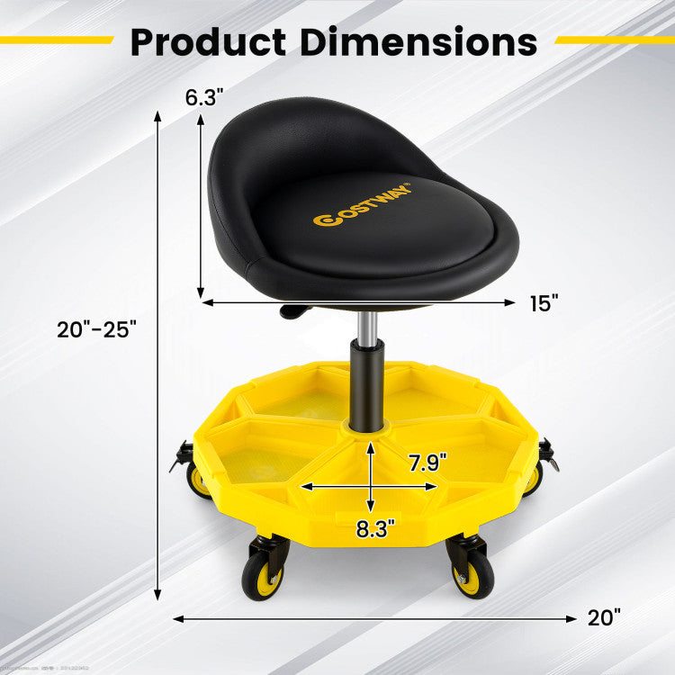 20 Inch-25 Inch Height Adjustable Rolling Garage Stool with Tool Tray Storage