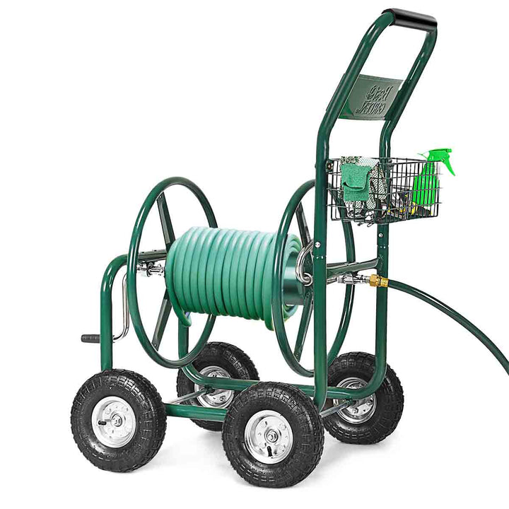 Garden Hose Reel Cart Heavy Duty Yard Water Planting Truck with Storage Basket and Wheels