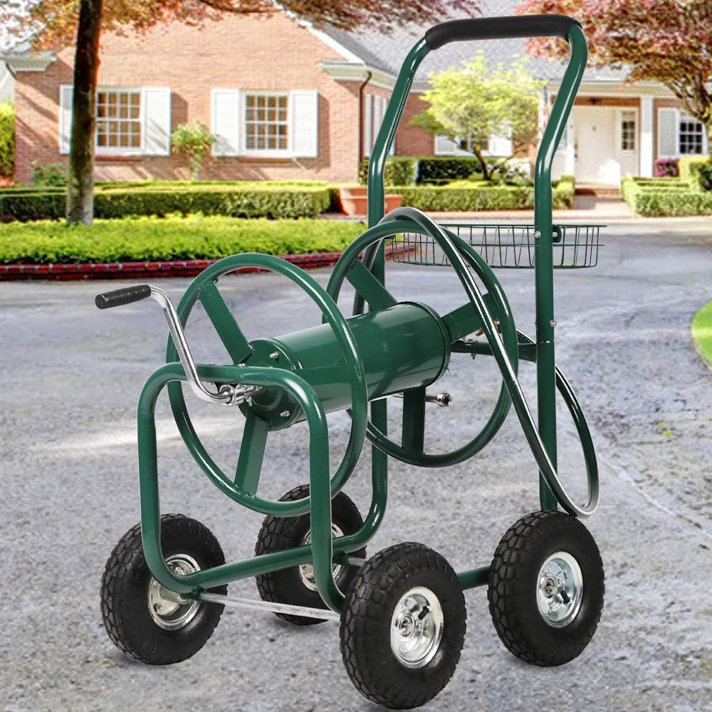 Garden Hose Reel Cart Heavy Duty Yard Water Planting Truck with Storage Basket and Wheels