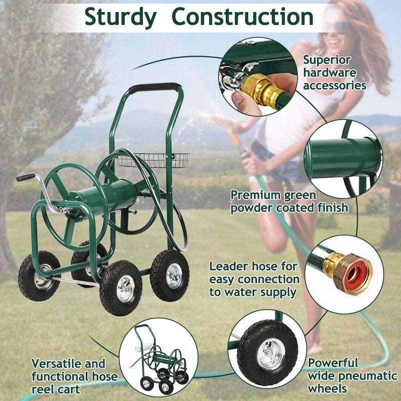 Garden Hose Reel Cart Heavy Duty Yard Water Planting Truck with Storage Basket and Wheels