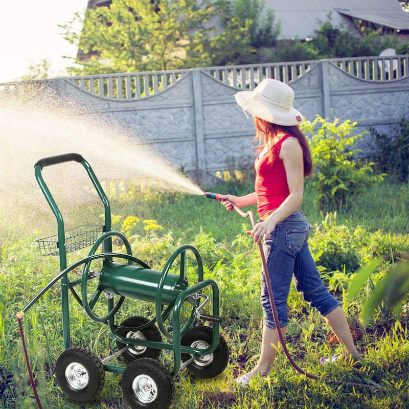 Garden Hose Reel Cart Heavy Duty Yard Water Planting Truck with Storage Basket and Wheels