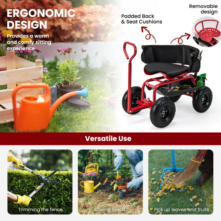 Garden Steerable Tool Cart Adjustable Rolling Scooter Patio Wagon Scooter with Storage Basket and Swivel Seat