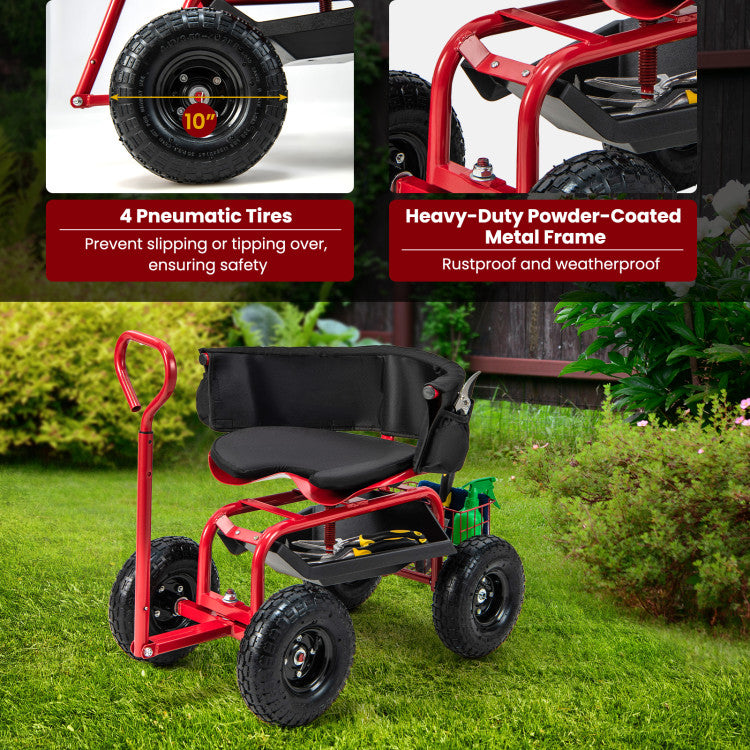 Garden Steerable Tool Cart Adjustable Rolling Scooter Patio Wagon Scooter with Storage Basket and Swivel Seat