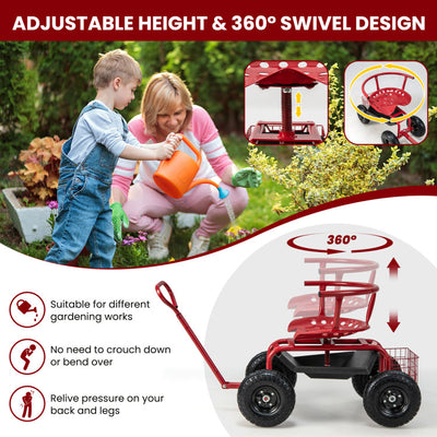 Garden Steerable Tool Cart Adjustable Rolling Scooter Patio Wagon Scooter with Storage Basket and Swivel Seat