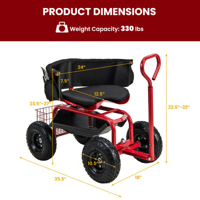 Garden Steerable Tool Cart Adjustable Rolling Scooter Patio Wagon Scooter with Storage Basket and Swivel Seat