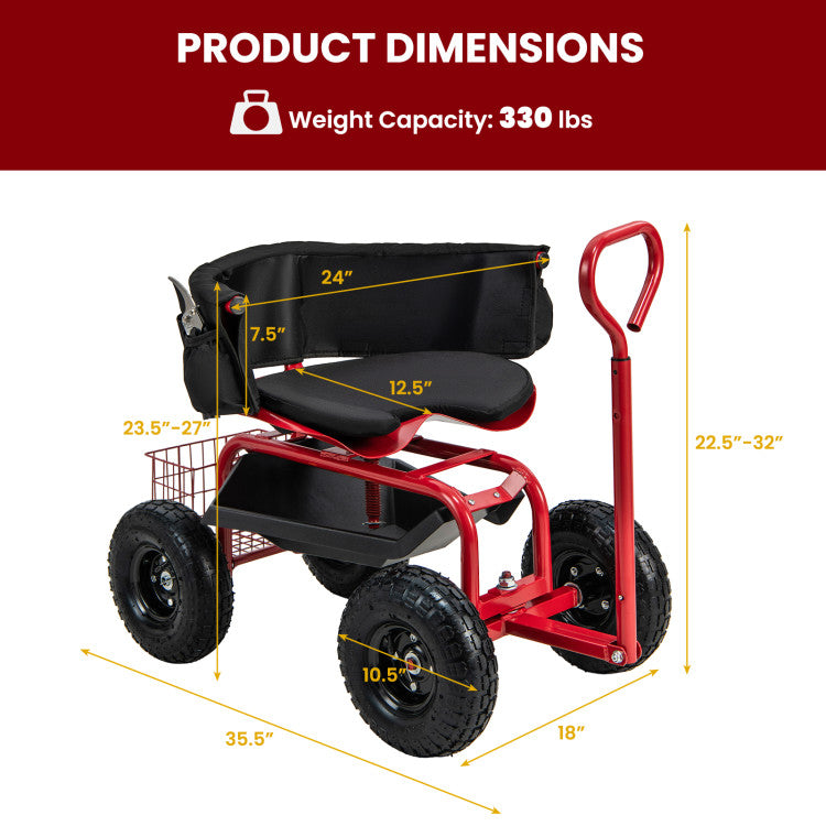 Garden Steerable Tool Cart Adjustable Rolling Scooter Patio Wagon Scooter with Storage Basket and Swivel Seat