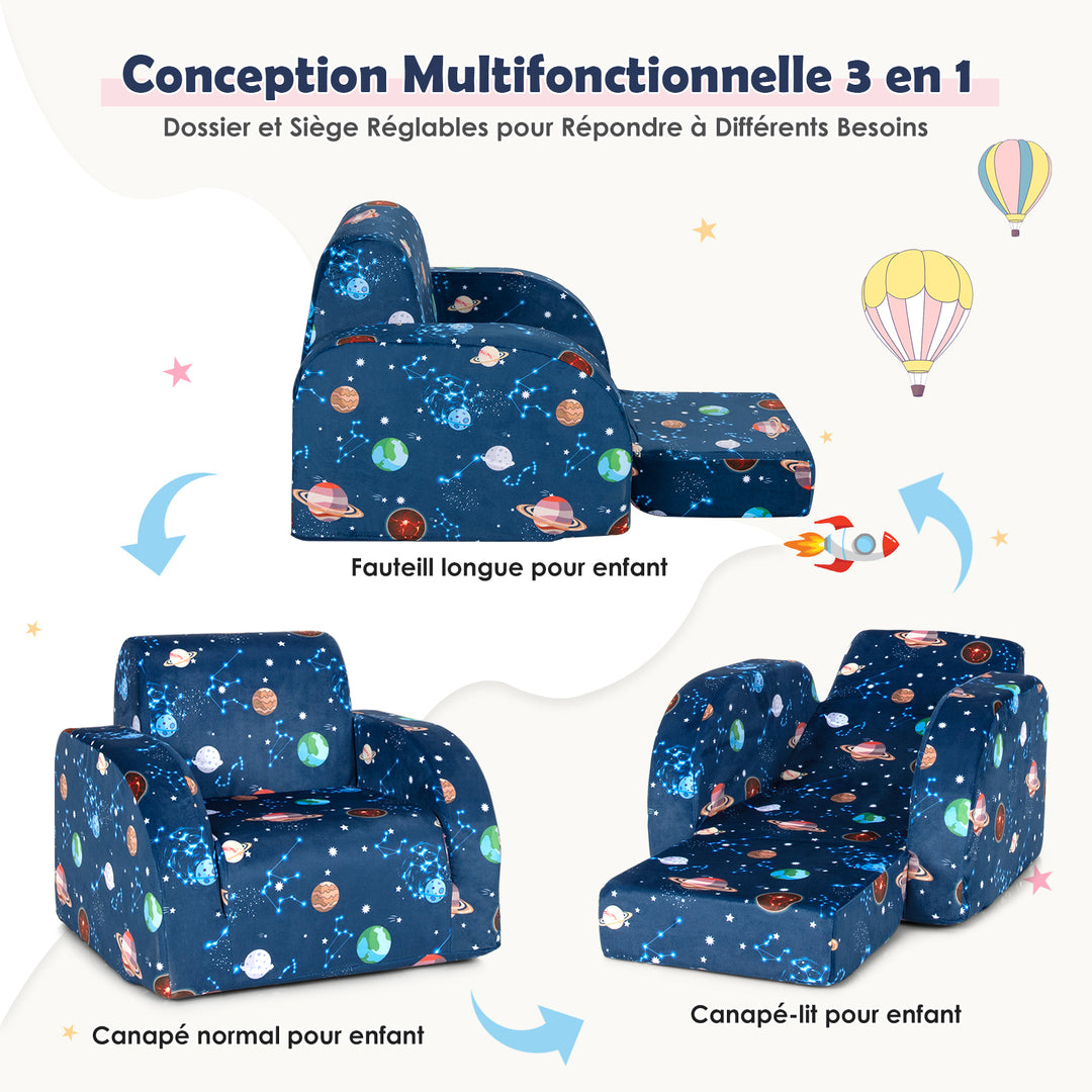 3-in-1 Convertible Kids Couch, Toddler Flip-Open Lounge Bed with Comfy Backrest and Armrests