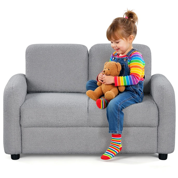 2-Seat Kids Sofa, Toddler Sofa Couch w/Soft Teddy Fleece Upholstery &amp; Solid Wooden Frame