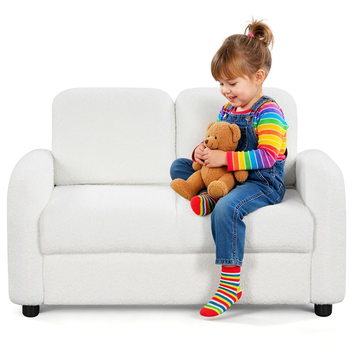 2-Seat Kids Sofa, Toddler Sofa Couch w/Soft Teddy Fleece Upholstery &amp; Solid Wooden Frame