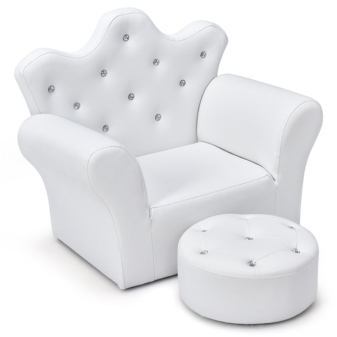 Kids Sofa with Ottoman, Upholstered Princess Couch with Crystal Tufted Crown-Shaped Backrest