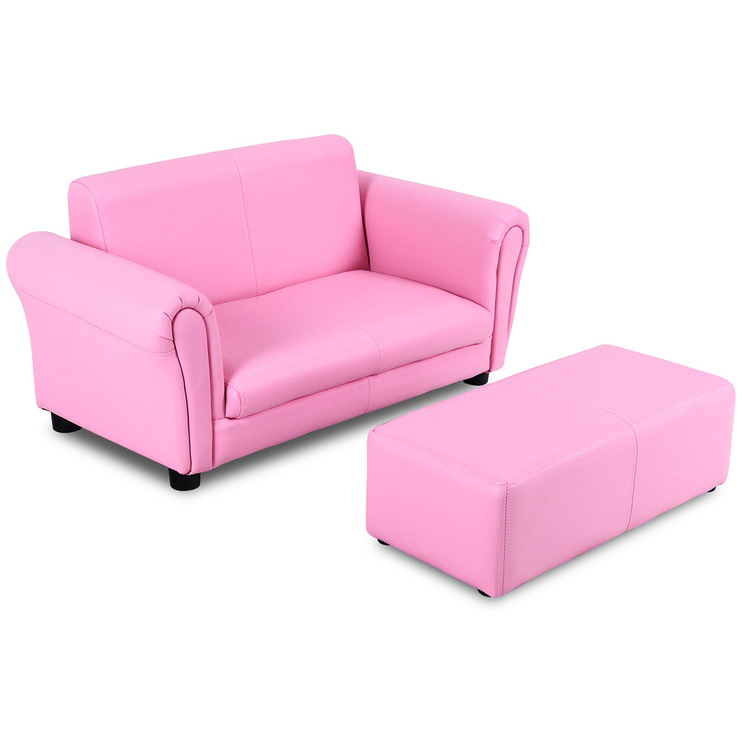 Kids Sofa Set with Ottoman, 2-Seater Wooden Children Loveseat with Armrest &amp; Backrest