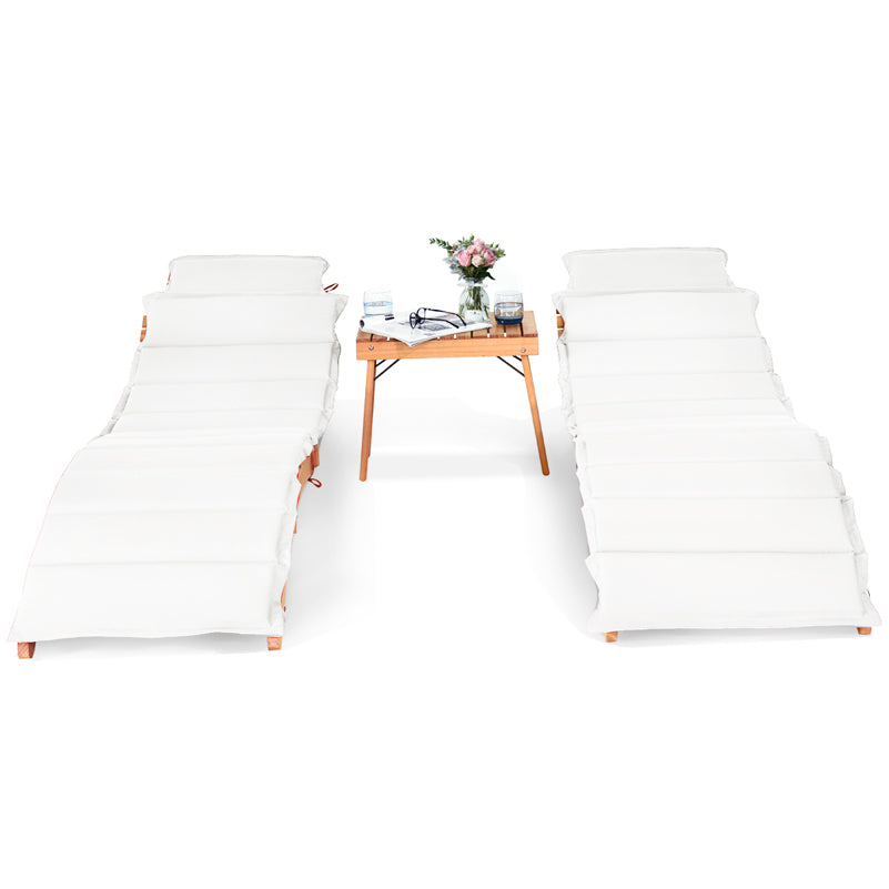 3 Pieces Outdoor Wooden Folding Chaise Lounge Chair with Side Table and Cushion