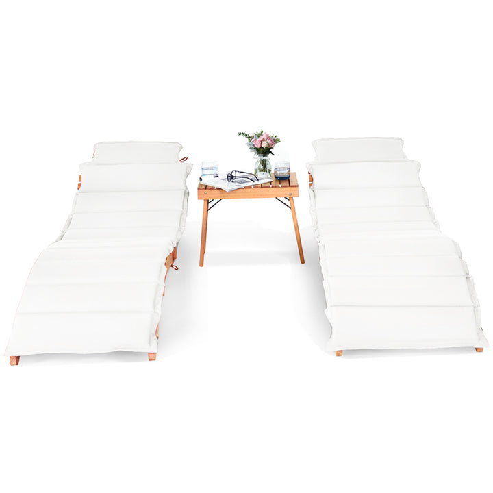 3 Pieces Outdoor Wooden Folding Chaise Lounge Chair with Side Table and Cushion