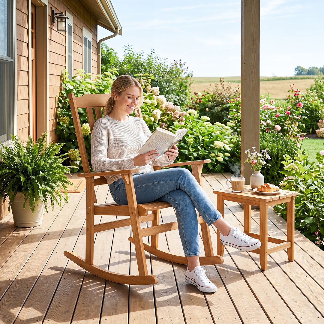 Outdoor Rocking Chair, Acacia Wood Oversized Patio Rocker with High Back, Wide Seat and Armrests, 400 LBS Heavy Duty Porch Rocker Chair for Garden, Backyard, Deck and Poolside