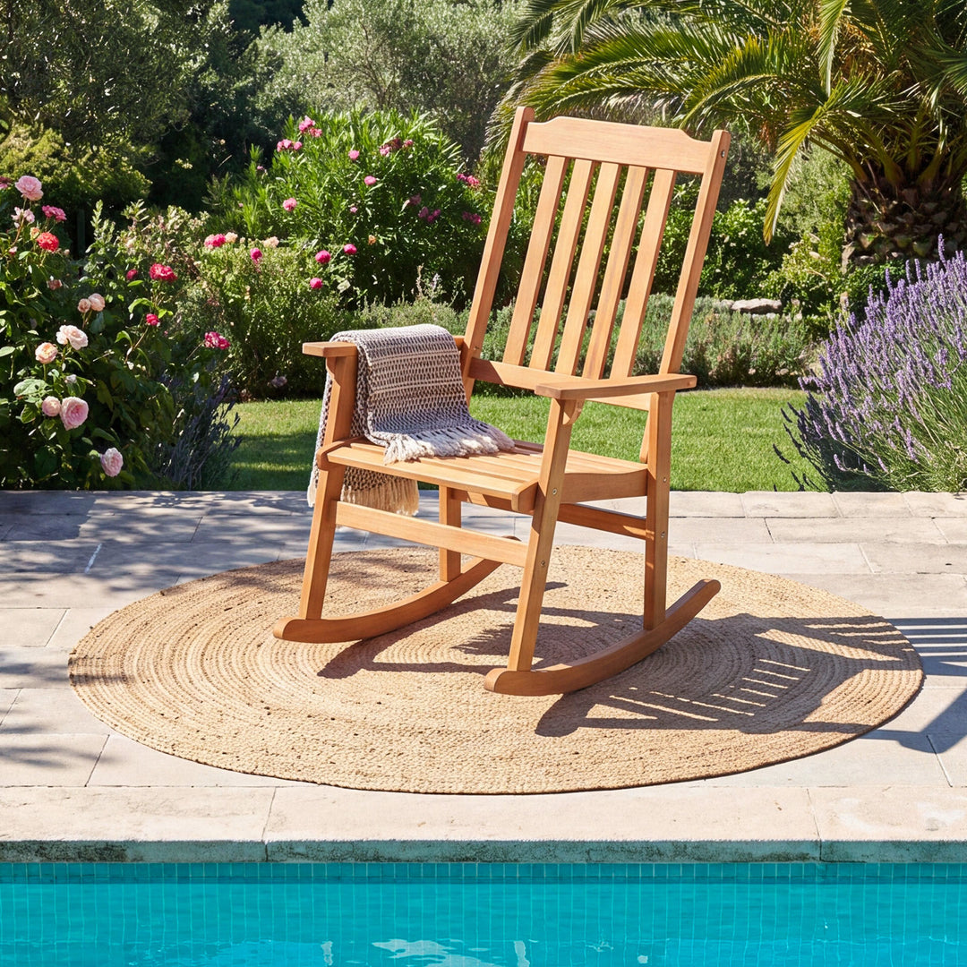 Outdoor Rocking Chair, Acacia Wood Oversized Patio Rocker with High Back, Wide Seat and Armrests, 400 LBS Heavy Duty Porch Rocker Chair for Garden, Backyard, Deck and Poolside