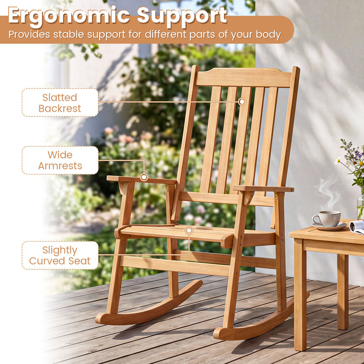 Outdoor Rocking Chair, Acacia Wood Oversized Patio Rocker with High Back, Wide Seat and Armrests, 400 LBS Heavy Duty Porch Rocker Chair for Garden, Backyard, Deck and Poolside