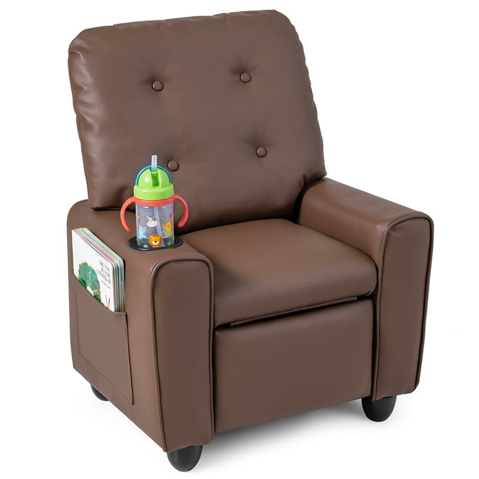 Push Back Kids Recliner Chair, PU Leather Toddler Reclining Armchair with Adjustable Footrest and Cup Holder