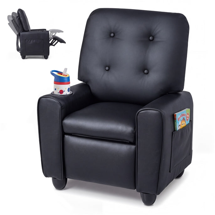 Push Back Kids Recliner Chair, PU Leather Toddler Reclining Armchair with Adjustable Footrest and Cup Holder
