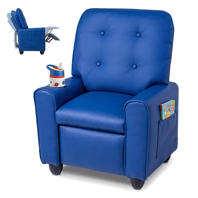 Push Back Kids Recliner Chair, PU Leather Toddler Reclining Armchair with Adjustable Footrest and Cup Holder