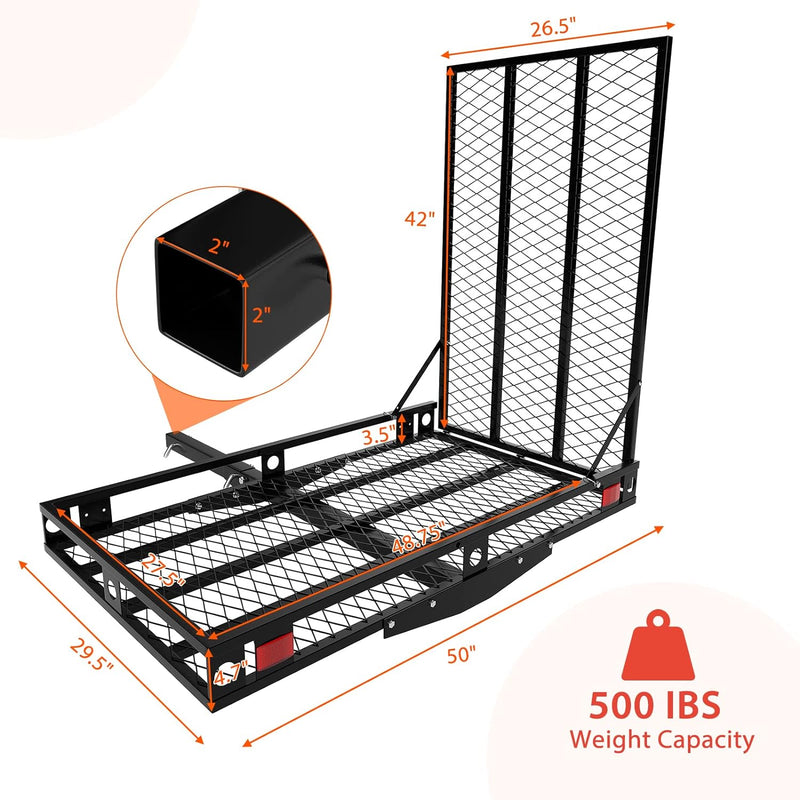 Heavy Duty Hitch Mount Wheelchair Carrier 500 Lbs Capacity Foldable Mobility Scooter Loading Ramp Cargo Carrier with 2 Tie Down Straps