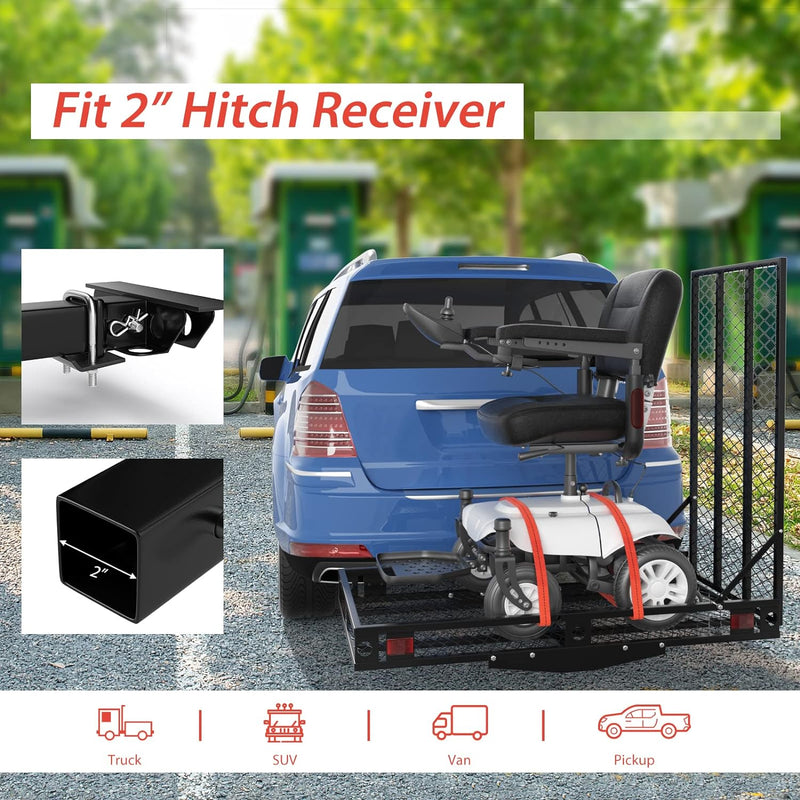 Heavy Duty Hitch Mount Wheelchair Carrier 500 Lbs Capacity Foldable Mobility Scooter Loading Ramp Cargo Carrier with 2 Tie Down Straps