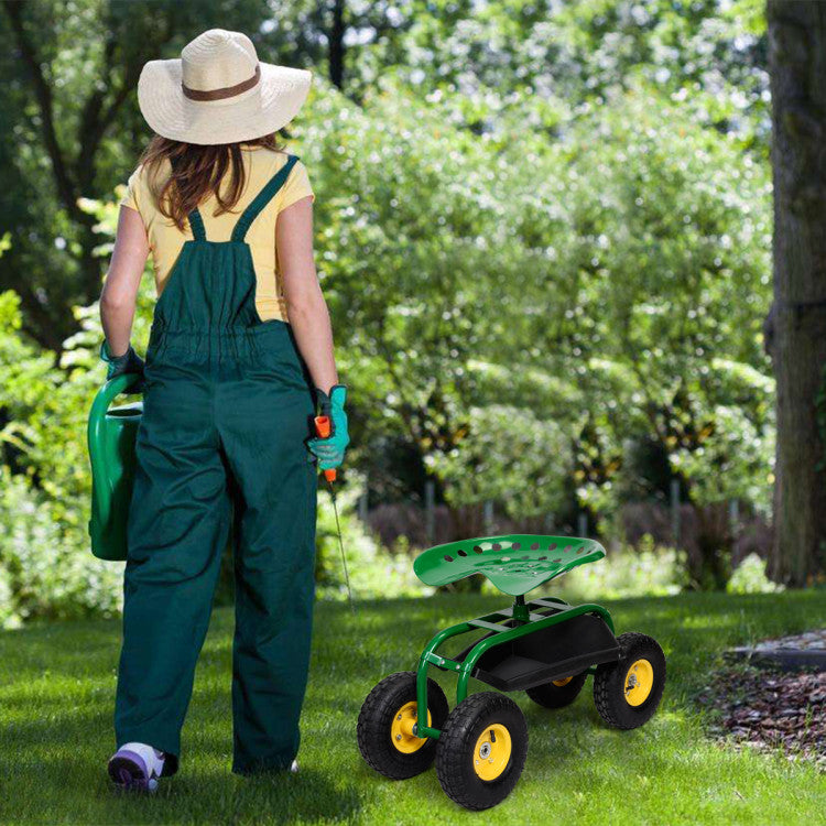 Heavy-Duty Rolling Garden Cart Patio Stool Kneeler with Seat and Tool Tray