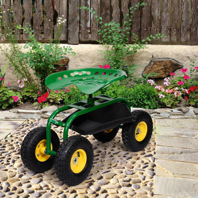 Heavy-Duty Rolling Garden Cart Patio Stool Kneeler with Seat and Tool Tray