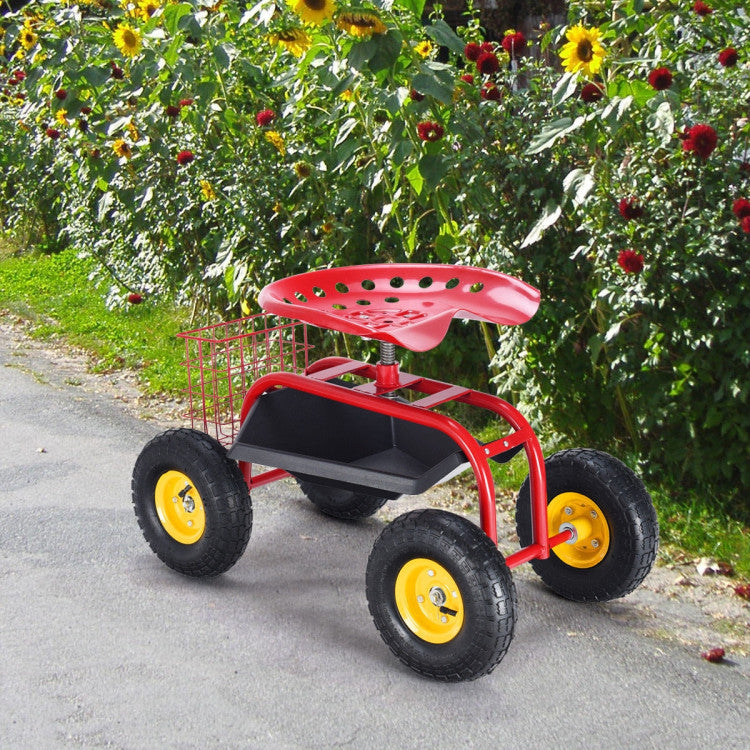 Heavy-Duty Rolling Garden Cart Patio Stool Kneeler with Seat and Tool Tray