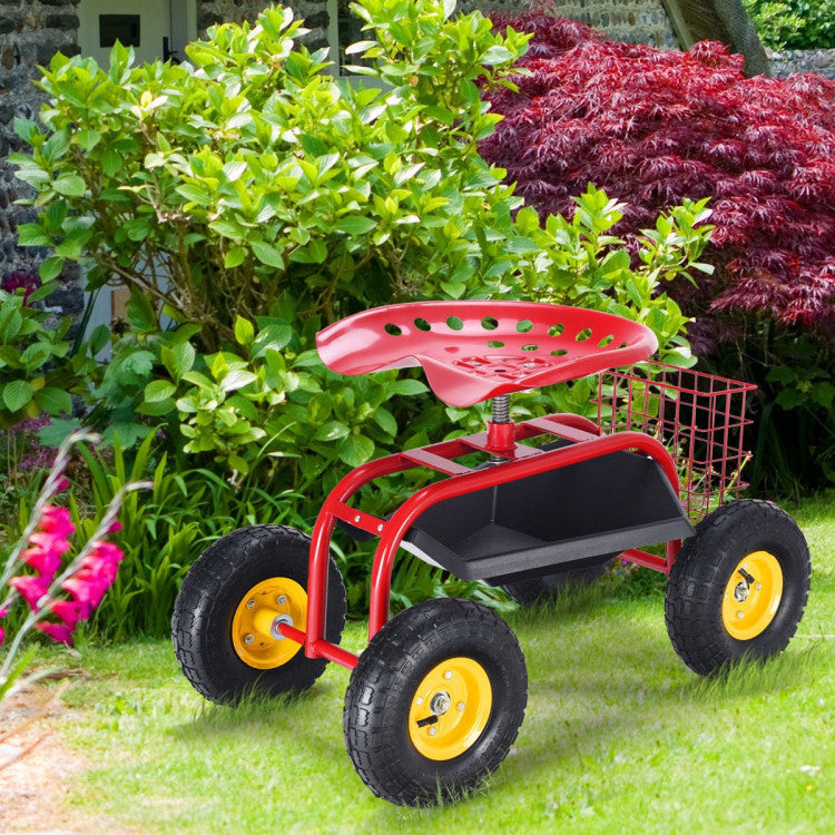 Heavy-Duty Rolling Garden Cart Patio Stool Kneeler with Seat and Tool Tray