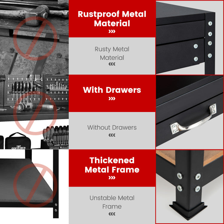48" x 24" x 61" Heavy Duty Workbench Garage Work Table Tool Bench with Pegboard and Drawers