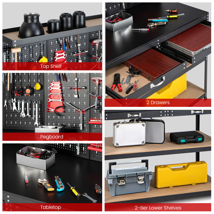48" x 24" x 61" Heavy Duty Workbench Garage Work Table Tool Bench with Pegboard and Drawers