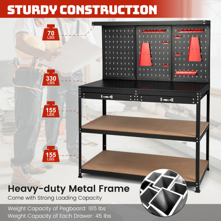 48" x 24" x 61" Heavy Duty Workbench Garage Work Table Tool Bench with Pegboard and Drawers