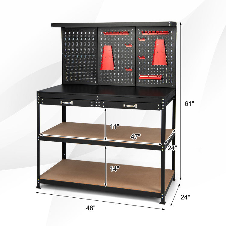 48" x 24" x 61" Heavy Duty Workbench Garage Work Table Tool Bench with Pegboard and Drawers