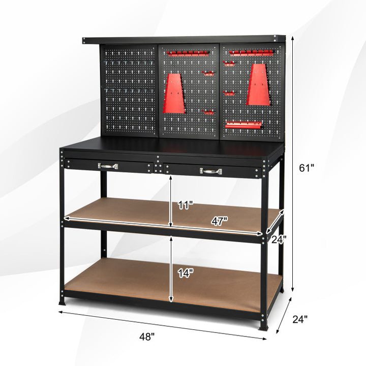 48" x 24" x 61" Heavy Duty Workbench Garage Work Table Tool Bench with Pegboard and Drawers