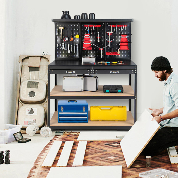 48" x 24" x 61" Heavy Duty Workbench Garage Work Table Tool Bench with Pegboard and Drawers